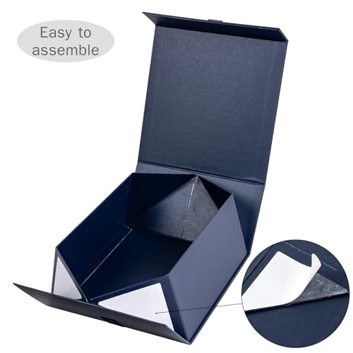 WRAPAHOLIC Eid Mubarak Gift Box with Satin Ribbon, 8x8x4 Inches Blue Collapsible Gift Box with Magnetic Closure for Eid Party, Ramadan, Gift Wrap, Storage