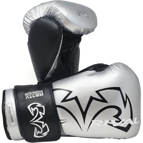 RIVAL Boxing RS11V Evolution Sparring Gloves, Extra-Thick 2” Padding, V-Strap Wrist Lock 2 System, Large Hand Compartment, and 15 Degree Angle Cuff - color: Silver, size: 18 oz.