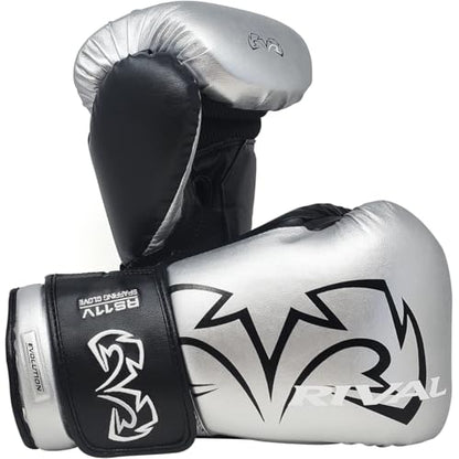 RIVAL Boxing RS11V Evolution Sparring Gloves, Extra-Thick 2” Padding, V-Strap Wrist Lock 2 System, Large Hand Compartment, and 15 Degree Angle Cuff - color: Silver, size: 18 oz.