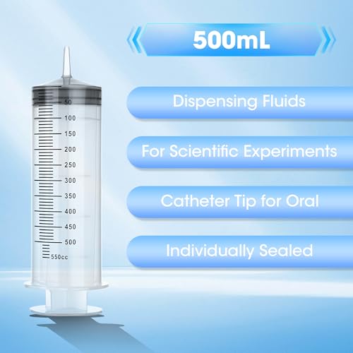 500ml Large Syringe for Thick Liquids, Individually Wrapped | Plastic Syringe Without Needle for Scientific Labs, Industrial Fluid Transfer & Lubricant Dispensing - style: 500cc