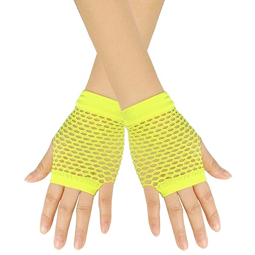 Short Fishnet Gloves for Women Fingerless Mesh Fishing Net Gloves 80s Fish Net Arm Sleeves Halloween Party Cosplay Costume - color: Yellow