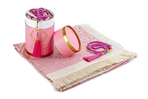 ihvan online Muslim Prayer Rug and Prayer Beads with Elegant Design Cylinder Gift Box, Janamaz, Soft Sajadah, Islamic Gifts Set, Portable Prayers Carpet Mat, Taffeta Fabric, Pink - color: Pink
