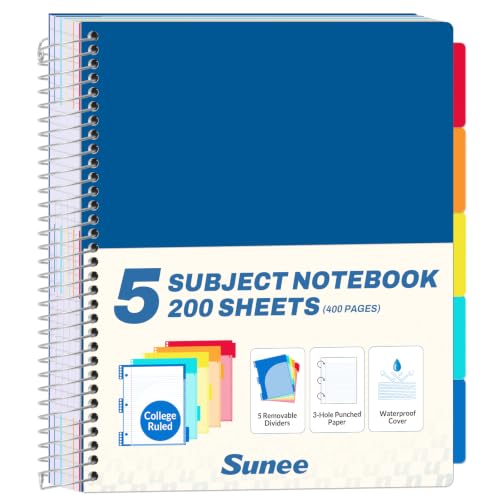 SUNEE 5 Subject Notebook College Ruled - 400 Pages, 9"x11", 5 Pocket Colored Dividers, 3-Hole Punched Paper, Dark Blue - color: Dark Blue, style: College Ruled