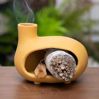 MOUGIGI Yellow Palo Santo Holder with Chimney–Mini Fireplace Incense Burner for Sage Burning, Wood Sticks, Cones&Tealights-Handcrafted Ceramic Smudge Bowl,Aromatic Incense Burner-Yoga Meditation Gift - color: Matte Clay -Yellow