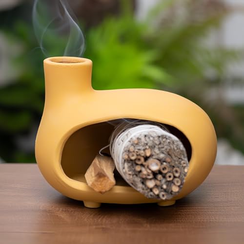 MOUGIGI Yellow Palo Santo Holder with Chimney–Mini Fireplace Incense Burner for Sage Burning, Wood Sticks, Cones&Tealights-Handcrafted Ceramic Smudge Bowl,Aromatic Incense Burner-Yoga Meditation Gift - color: Matte Clay -Yellow
