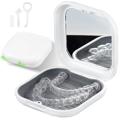 Retainer Case, Slim Aligner Case with Mirror, Compatible with Invisalign, Night Guard and Mouth Guard, Premium Retainer Case, With Aligner Remover Tool, Chew & Brush, White - color: Square: White