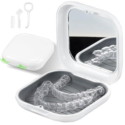 Retainer Case, Slim Aligner Case with Mirror, Compatible with Invisalign, Night Guard and Mouth Guard, Premium Retainer Case, With Aligner Remover Tool, Chew & Brush, White - color: Square: White
