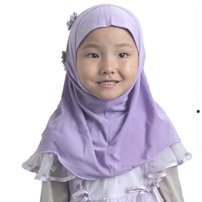 Instant Hijab for Kids Girls Hijabs Muslim Islamic Head Scarf with Rhinestone and Flowers - color: Lavender