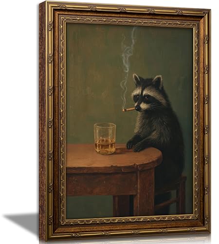 Vintage Gold Framed Smoking Raccoon Wall Art,Moody Dark Funny Animal Whiskey Cigar Canvas Print,Humor Funny Raccoon Wall Decor,Retro Bar Cart Poster Artwork,for Study Living Office Bar Decor - color: Raccoon, size: 11"L x 9"W