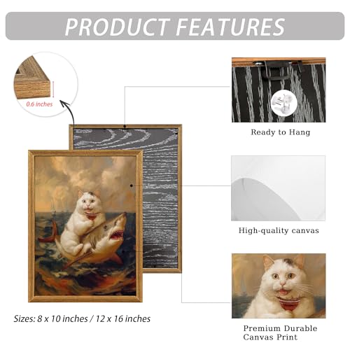 ICHZUMW Framed Funny White Cat Riding Shark Ocean Canvas Wall Art 12x16 In - color: White Shark Rider, size: 16"L x 12"W