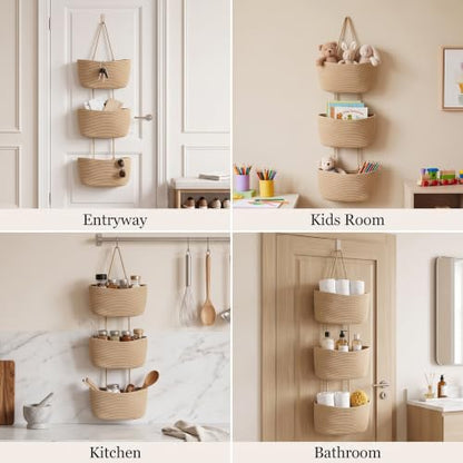 3-Tier Woven Cotton Rope Hanging Basket, Over the Door Organizer, Adjustable Detachable Wall Basket with Metal & Adhesive Hooks, No Drilling for Bedroom, Closet, Entryway & Home Decor - style: Jute