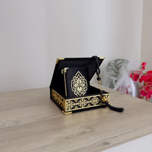Velvet Covered Quran Tasbeeh Islamic Gift Set | Holy Quran Prayer Beads Wooden Gift Box | Islamic Birthday, Wedding Gift | Islam Graduation Gift | Muslim Gift Favor | Eid, Ramadan Gift Favor (Black) - color: Black