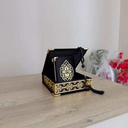 Velvet Covered Quran Tasbeeh Islamic Gift Set | Holy Quran Prayer Beads Wooden Gift Box | Islamic Birthday, Wedding Gift | Islam Graduation Gift | Muslim Gift Favor | Eid, Ramadan Gift Favor (Black) - color: Black