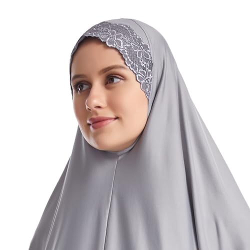 Muslim Women's Instant Big Hijab Jersey Turbans Khimar Abaya Soft Prayer Scarf, 1pc Lace - color: Grey, size: Medium