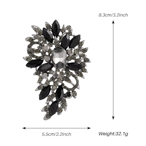 SELOVO Women's Rhinestone Crystal Wedding Flower Leaf Sparkle Brooch Pin - color: Black