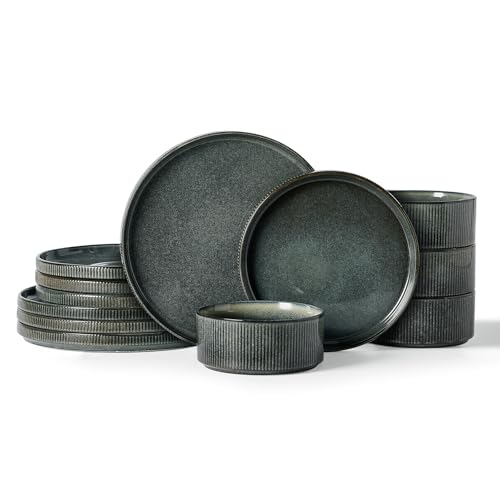 Famiware Star Stoneware Dinnerware Set, Reactive Glaze Plates & Bowls for 4 - color: Deep Forest