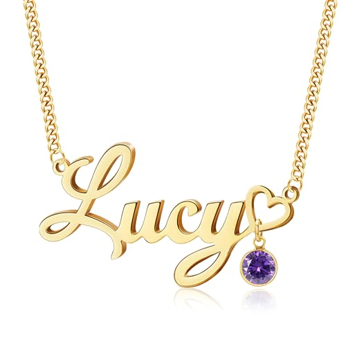DayOfShe Name Necklace Personalized for Women, 18K Gold Plated Cuban Chain Necklaces Customized with Name as Christmas Girlfriend Gift - color: Name+Birthstone