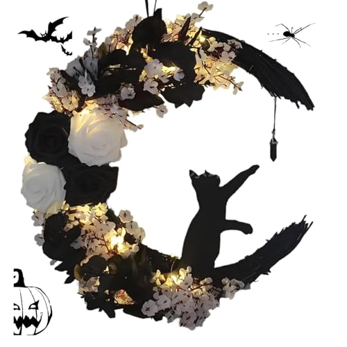 Black Halloween Wreath with Lights, Crescent Moon Cat Door Wreath - color: Black