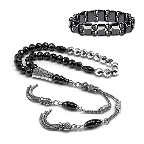 Design-Long & Stylist Tassels Collection Worry Beads-Prayer Beads-Tesbih-Tasbih-Tasbeeh-Misbaha-Subha-Sebha-Sibha-Rosary (Black and Silver Plated Hematite 8 mm 33 Beads & Bracelet) - color: -Faceted Black and Silver Plated Hematite 8 mm 33 Beads & Bracele