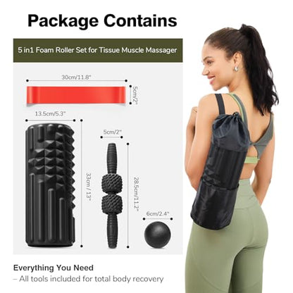 5 in 1 Foam Roller Set - Foam Roller for Legs, Muscle Roller Stick, Massage Ball, Resistance Band for Physical Therapy & Deep Tissue Muscle Massage (Black) - color: Black