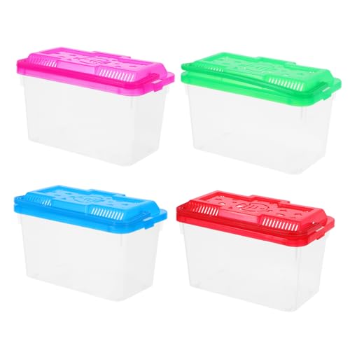4Pcs Transparent Mini Fish Tank with Bright Colored Lids Handheld Pet Carrier for Small Fish Turtles Reptiles and Hamsters Convenient Feeding Box for Home and Travel