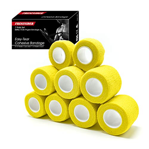 FRESINIDER 9 Rolls Self Adhesive Wrap Athletic Tape Gauze, Breathable Elastic Cohesive Bandage for Sports Injury & Pet (7 Pcs 2" x 5 Yards + 2 Pcs 1" X 5 Yards) (Yellow) - color: Yellow