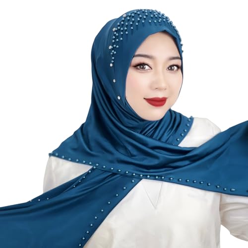 Suillty Women's Pearls Muslim Islam Instant Hijab Scarf Soft Turkish Headwear Jersey Headscarf Shawl Wrap - color: Deep Blue
