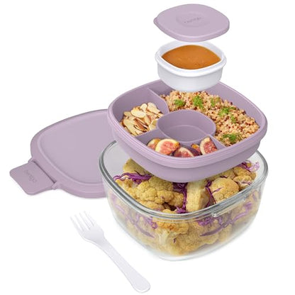 Bentgo Glass Salad Container - 7.6-Cup Salad Bowl with Airtight Lid, Leak-Proof Sauce Container, 4-Compartment Bento Tray & Reusable Fork - BPA-Free for Meal Prep, Office & More (Lavender) - color: Lavender