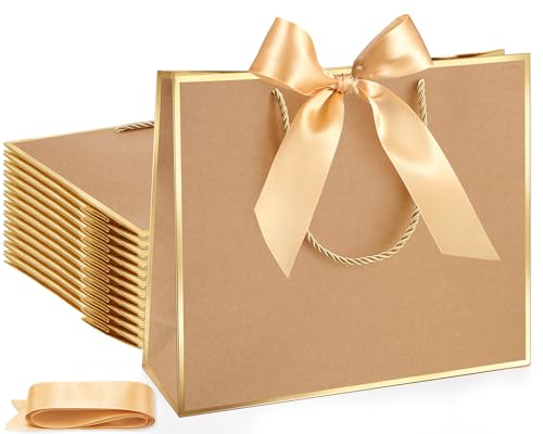 Silkfly 12 Pcs Paper Gift Bags with Handles & Bow Ribbon, Kraft, Gold - color: Kraft, Gold