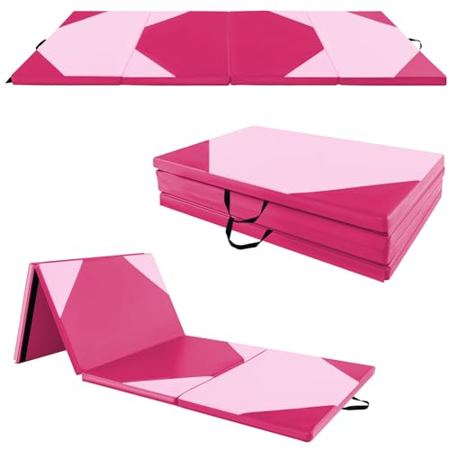 Goplus Folding Gymnastics Mat, 10’ x 4’ x 2’’ Thick Tumbling Mats with PU Leather, Hook & Loop Fasteners, Portable Handles, 4-Panel Exercise Mat for Home Gym Workouts, Yoga - color: Pink+Rose