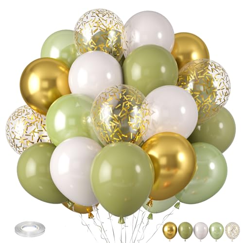 Sage Green Balloons, Sage Balloons Retro White Pearl Light Green Balloon, White Sand Gold Confetti Balloon for Baby Shower Birthday Wedding Graduation Party Decorations Supplies - color: Sage Green White Gold