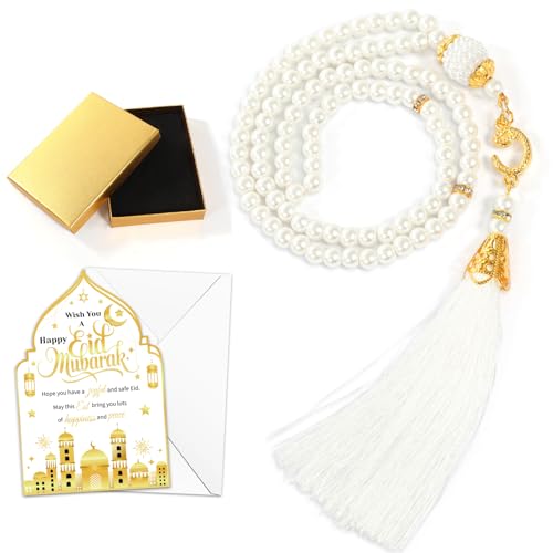 HOWAF Eid Gifts Set with Mosque Shape Card & Prayer Beads, Ramadan Mubarak Greeting Card with Envelope and Ramadan & Eid Pearl Zikirmatic Beads with Box, Islamic Present for Women, Muslim Celebration Gift Set