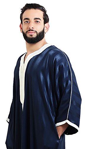 Moroccan Men Dress Caftan Handmade With Embroidery Tread Long Sleeve Navy