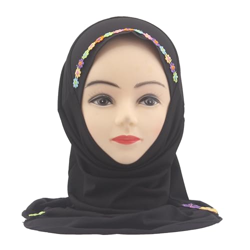 Girls Instant Hijab – Soft Kids Muslim Scarf with Flower, Breathable One-Piece Headscarf for Toddlers Age 2-8 - color: Small Flower-black