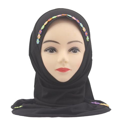 Girls Instant Hijab – Soft Kids Muslim Scarf with Flower, Breathable One-Piece Headscarf for Toddlers Age 2-8 - color: Small Flower-black