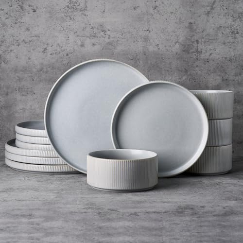 Famiware Star Stoneware Dinnerware Set, Reactive Glaze Plates & Bowls for 4 - color: Matte Gray