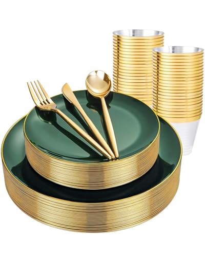 bUCLA 150PCS Green Plastic Plates - Green and Gold Disposable Include 25 Each (Dinner & Dessert) Plates, 25 Knives, 25 Forks, 25 Spoons and 25 Cups, Ideal for Party&Christmas - color: Green Gold, size: 25 Guests