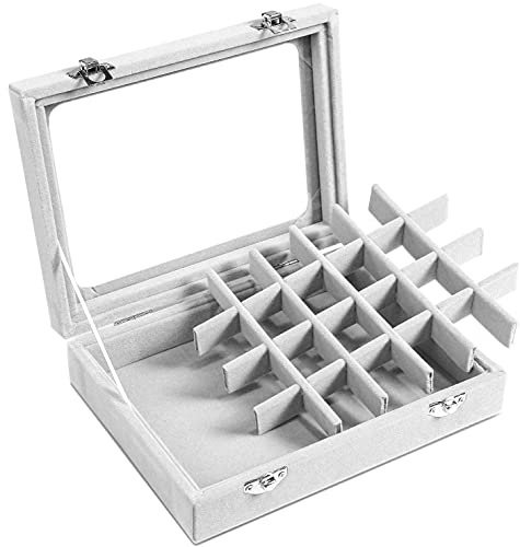 Jewelry Box 24 Grid Velvet Jewelry Tray for Drawers Glass Clear Lid Showcase Display Storage Ring Trays Holder Earrings Organizer Case(Grey)