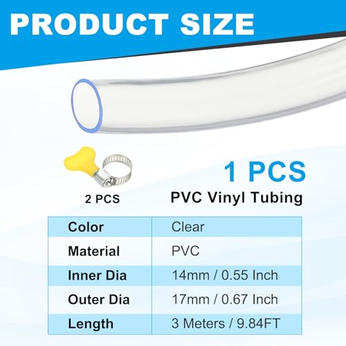 PATIKIL 1pcs Plastic Tubing, 14mm x 17mm x 3 m Vinyl Tubing Clear Tube with Hose Clamps, Soft Hose Line Pipe for Multipurpose Industrial Vinyl Aquarium - size: 14mm x 17mm x 3 m