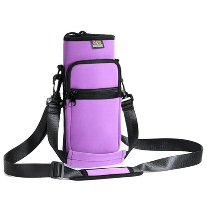 Nuovoware Water Bottle Carrier Bag, 25oz/32oz Bottle Pouch Holder, Adjustable Shoulder Hand Strap 2 Pocket Sling Neoprene Sleeve Sports Water Bottle Bag for Men Women Hiking Travel, Taro Purple | Adjustable Shoulder Hand Strap, 2 Pocket, Neoprene Sleeve,