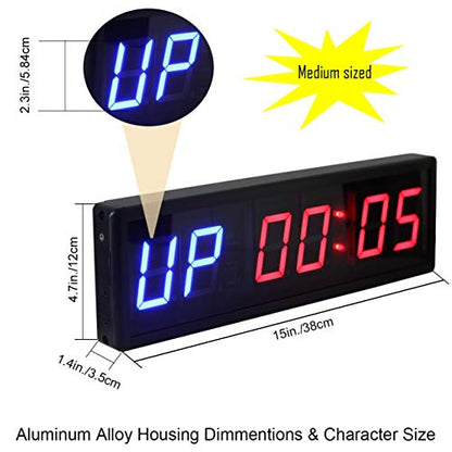 Large Workout Clock for Home Gym, 15" Wall Mount Gym Timer Clock with Remote, (2.3-inch Digits, Blue+Red)