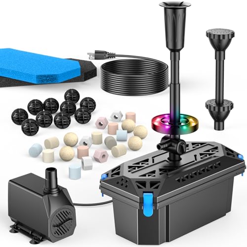 Antfraer Pond Filter with LED Lights, RGB Pond Filter with 660GPH Pump Fountain Kit, Filter Box with RGB Auto-Cycle LED Lights & 3 Spray Modes for Outdoor Ponds Clean Clear and Build Water Features - style: 660GPH with Led Lights