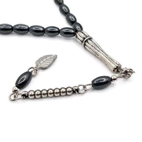 Perlin Muslim Prayer Beads 33 Bead Black Hematite Tasbih – Islamic Misbaha Subha Dhikr Beads with Mini 8 x 4 mm Oval Hematite Gemstone Beads, Ottoman Style Prayer Rosary with Metal Imam, 25 cm