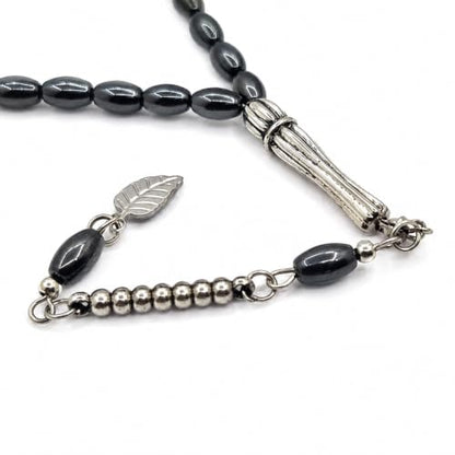 Perlin Muslim Prayer Beads 33 Bead Black Hematite Tasbih – Islamic Misbaha Subha Dhikr Beads with Mini 8 x 4 mm Oval Hematite Gemstone Beads, Ottoman Style Prayer Rosary with Metal Imam, 25 cm
