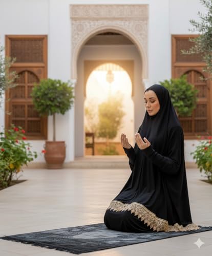 Women's Prayer Dress 2 Pieces Solid Color Plus Long Sleeve | One-Size | Hijab Abaya Suit - color: Black