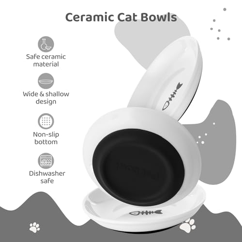 Ceramic Cat Bowls - 10 Pack, No Whisker Fatigue Wide Shallow Cat Dishes with Non-Slip Silicone Bottom, Pet Food & Water Plates, 15cm Diameter