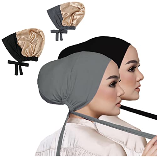 Women Under Scarf Hat Hijab Undercap Islamic Muslim Under Scarf Hijab Cap with Tie-Back Closure - color: Black2+dark Grey2