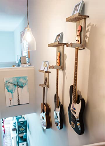 Keebofly 3-Pack Guitar Wall Mount Hangers - Rustic Wood Brown Guitar Stand with Pick Holder - Acoustic, Electric, Ukulele, Bass & Mandolin [Patented] - color: 3 Pack_Rustic Brown