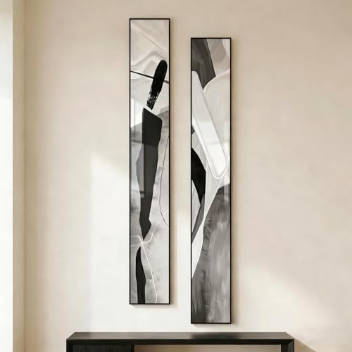 QKF 2Pcs Narrow B&W Abstract Art, Alu Frame Gloss Canvas Stair Wall Decor - color: Warm Beige & Charcoal, size: 8" × 56"