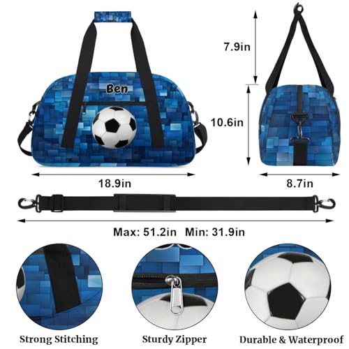 Personalized Sports Bag for Boys, Soccer Blue Geometric Pattern | Personalized Named Practice Travel Overnight Training Bag - color: Color 19